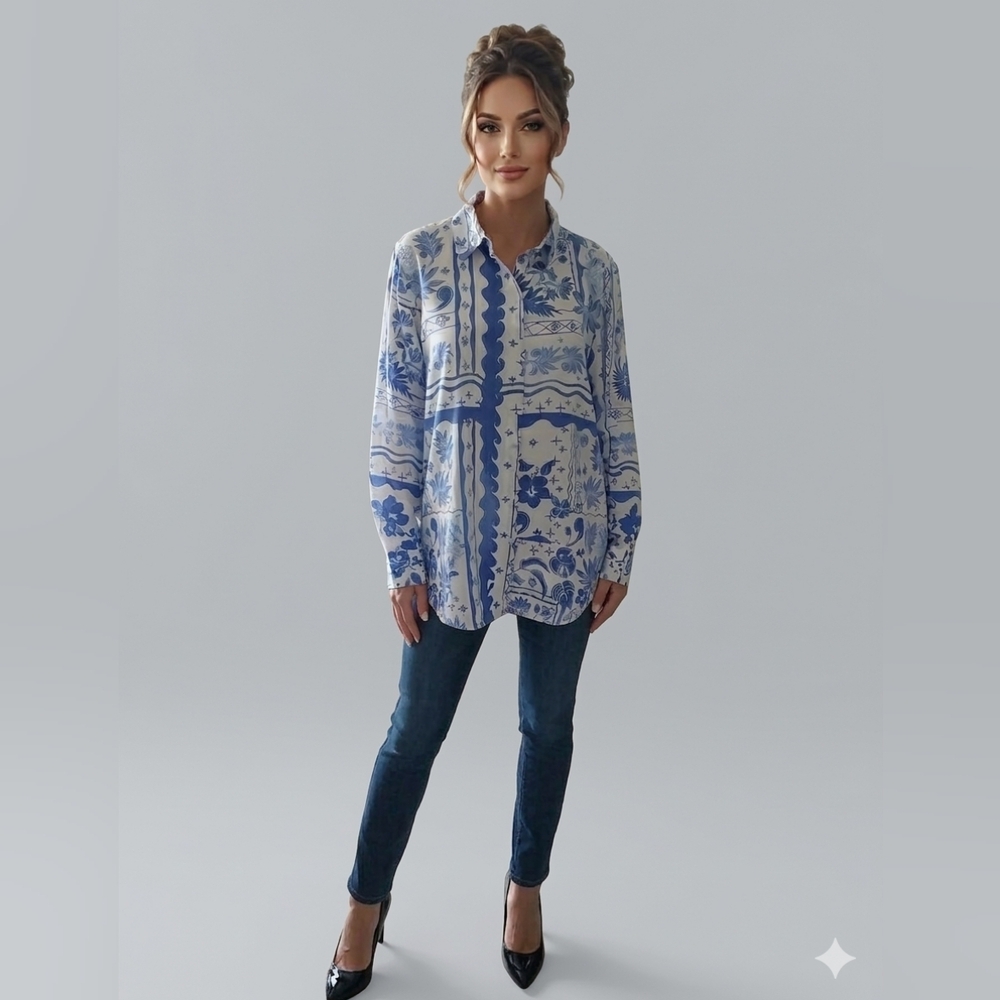 Joie Women's 100% Linen Button Down Shirt in Blue White Tropical Floral